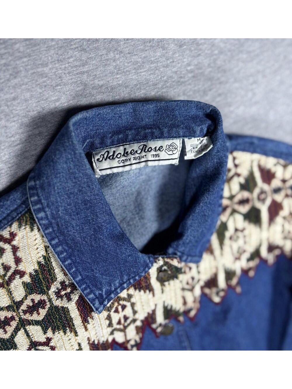Vintage Western Denim Shirt Women’s MedAztec Tapestry Yoke Cropped Adobe Rose - Picture 5 of 6
